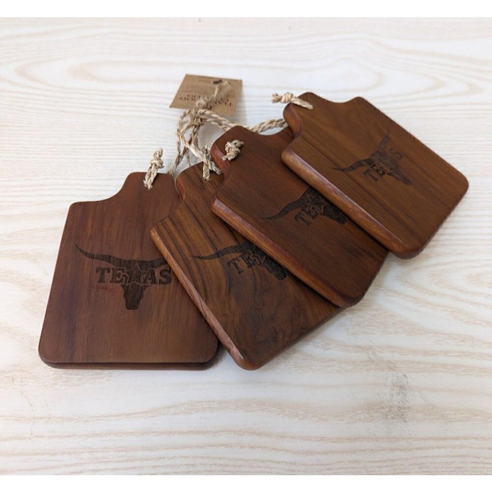 Teak Wood Coasters Texas Longhorn Rustic Set of 4 *NEW*